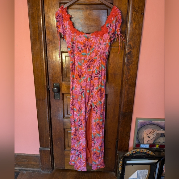 NWT Free People Gorgeous Pink Orange Embroidered Slit Dress Small - Picture 4 of 13